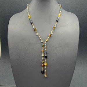 Blue Amber Clear Necklace Double Dangle Silver